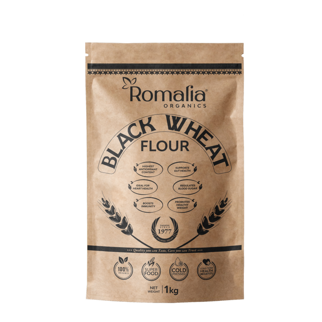 Front packaging of Romalia Organics Black Wheat Flour 1kg with health icons and certifications.