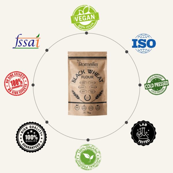 Certifications and quality assurance badges surrounding Romalia Black Wheat Flour.