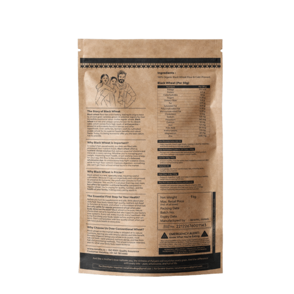 Back of Romalia Organics Black Wheat Flour pack showing nutritional facts, story, and usage.
