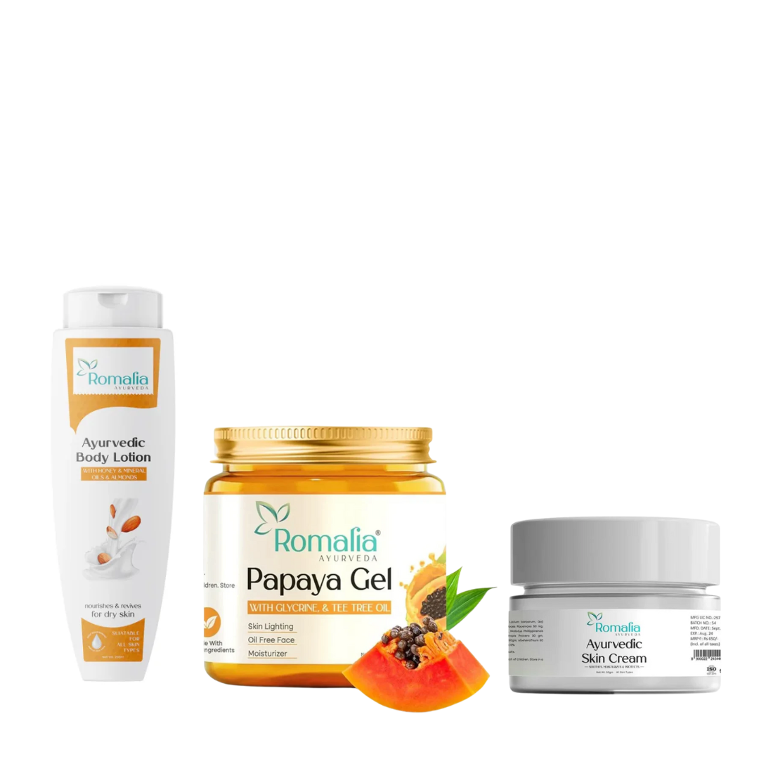 Glow & Purify Kit (Ayurvedic Body Lotion, Romalia Ayurveda® Papaya Extract Gel, Skin Botanical Face Cream With UV Protection)