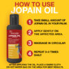 Instructions for using Romalia Ayurveda Jopain Oil, including steps like applying, massaging, and using a warm cloth for enhanced pain relief.