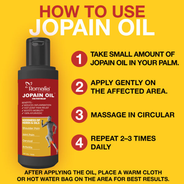 Instructions for using Romalia Ayurveda Jopain Oil, including steps like applying, massaging, and using a warm cloth for enhanced pain relief.
